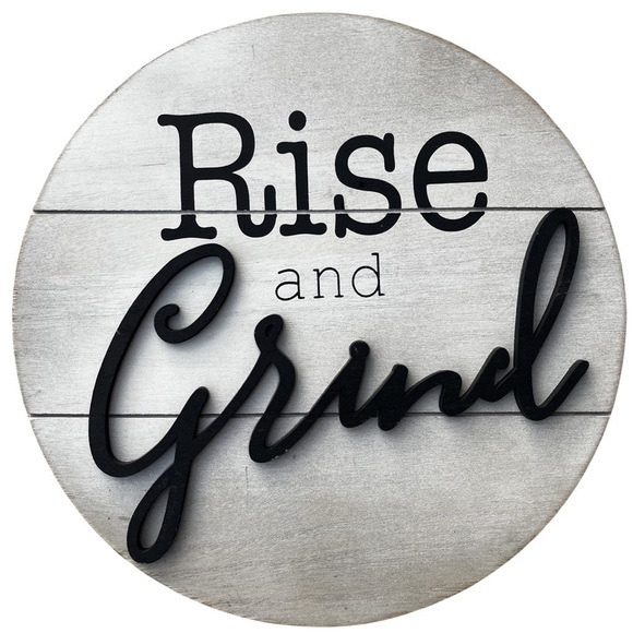 Coffee Bar Decor Round White Coffee Bar Sign w/ ‘Rise and Grind’ in Black - Picture 9 of 9